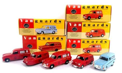 Four Vanguards die cast Royal Mail vans, 1:43 scale and a Hotpoint Ford Anglia van, all boxed. (5)