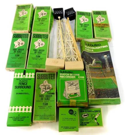 Subbuteo, including teams, TV tower, floodlights, throw in figures, match score recorder, fence surround. (a quantity)