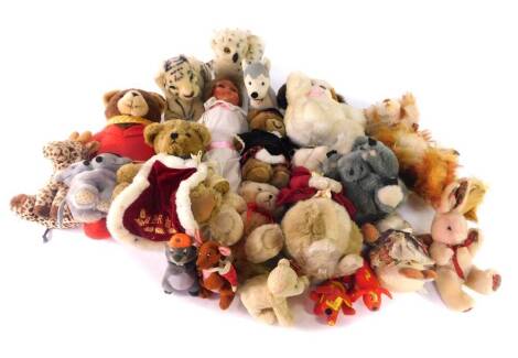 Teddy bears and soft toys, including a Charlie Bears Donatelo Limited Edition 336/400., and a GB Teddy bear, together with a cloth doll. (a quantity)