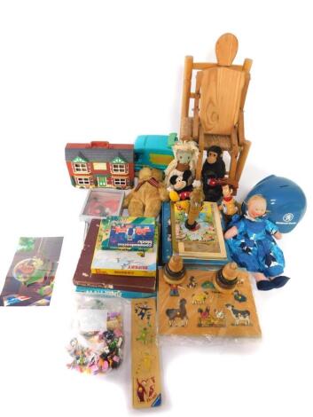 TY Beanie Babies, Wallace & Gromit figural set, wooden reticulating figure of a child seated in a chair. (a quantity)