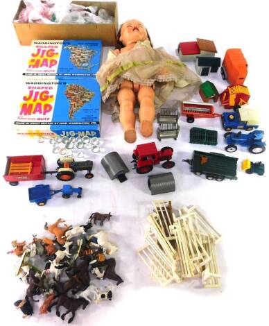 A Roddy doll, two Waddingtons shaped jig map jigsaw puzzles, comprising North and South America, dolls house furniture and sundry further toys. (a quantity)