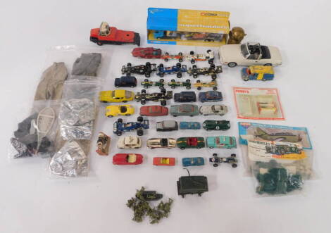 A Corgi die cast model of a Scalextric Racing Team Truck TY866444, boxed, die cast racing cars, Ford Transit van, Spectrum Patrol Car, further vehicles, etc. (a quantity)