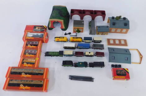 Hornby OO gauge railway, including a locomotive and tender, LNER green livery 4-6-0, 8509, three shunting engines, two LNER teak finish composite coaches, further coaches, wagons, track side buildings, etc. (a quantity)