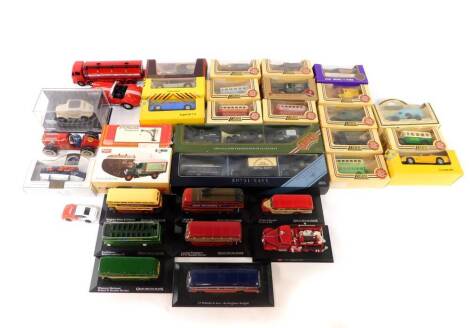 A Dinky Supertoys Leyland Octopus Tanker-Esso, No 943, replica, boxed, Lledo, Matchbox and other die cast vintage cars, sports cars, trucks and buses, some boxed. (a quantity)