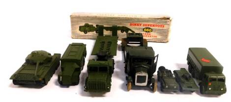 A Dinky Super Toys die cast model of a tank transporter, No 660, boxed., armored command vehicle 677., 10 ton army truck 622., Centurion tank 651., an Austin Champ, Corgi Juniors Commando V100 AFV., and a die cast armored lorry. (7)