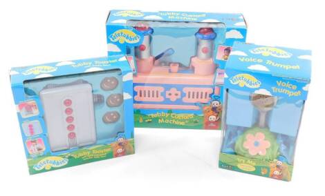 A Born To Play Teletubbies Tubby Custard Machine, Voice Trumpet and Tubby Toaster, all boxed. (3)