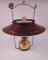 A 19thC brass and iron hanging oil lamp and shade