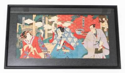 A Japanese woodblock triptych by Kunisada III, depicting a kabuki play with Nakamura Shikan playing the role of Teroka Heiemon and Okaru in the role of Nakaumura Fukuse, circa 1887, 35cm x 71cm overall. - 2