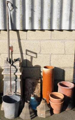 A Victorian chimney pot, galvanized bucket (AF), three cast iron hoppers, stoneware piping, three terracotta pieces. (a quantity)