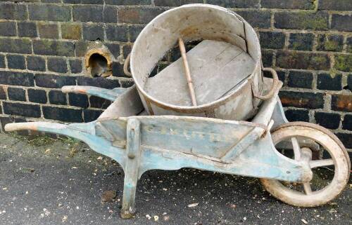 A vintage wooden wheelbarrow and a grain measure. (2)