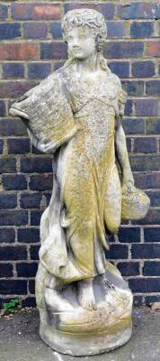 A cast garden figure of a young maiden with an urn and basket of flowers, 140cm high.