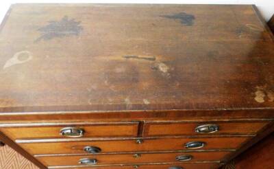 A George III oak and mahogany chest, of two short and three long graduated drawers, with mahogany cross banding oval pressed back plate handles, cluster column sides and bracket feet, 104cm high, 110cm wide, 53cm deep. - 3