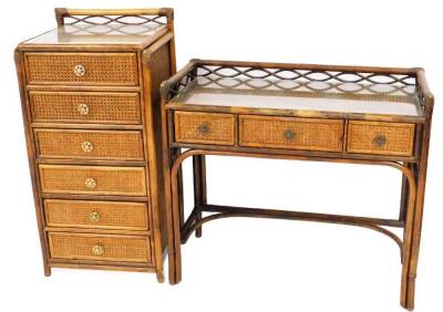 An Angraves of Leicester bamboo and raffia dressing table and chest of five drawers, both with glass tops, 96cm and 50cm wide respectively. (2)