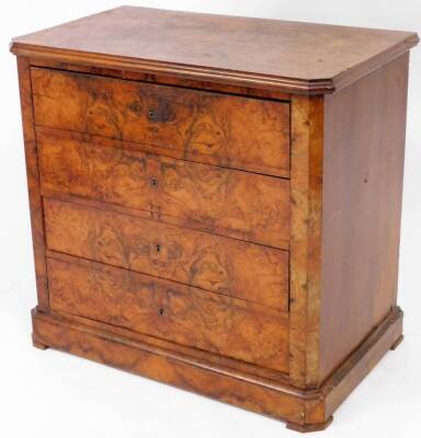 A 19thC Biedermeier figured walnut chest of four drawers, with moulded top, canted sides and moulded base, 76cm high, 80cm wide, 48cm deep.