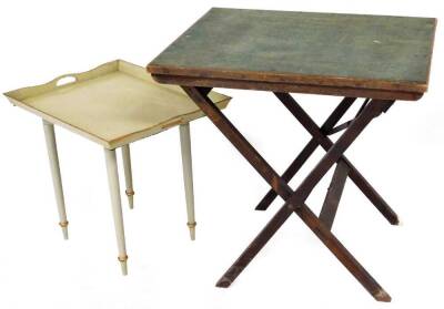 A folding card table, with beige top and a tray top serving table with folding base. (2)