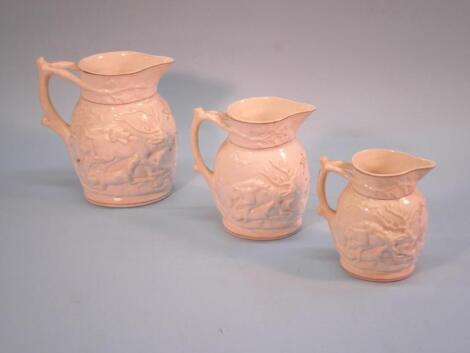 A graduated set of three 19thC Staffordshire jugs