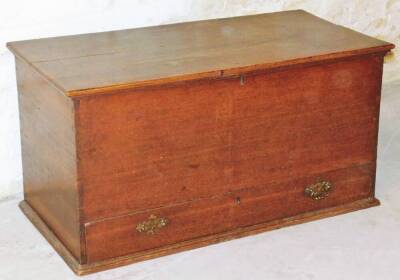 A 19thC oak mule chest, of rectangular form with plain interior above frieze drawer, with visible dovetails, 56cm high, 105cm wide, 52cm deep. (AF)