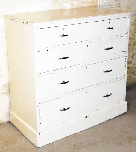 An early 20thC painted chest, of two short and three long drawers, with later chrome handles, on a plinth base, 104cm high, 102cm wide, 55cm deep.