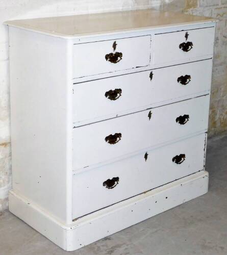 A late 19thC painted chest, of two short and three long drawers, with shaped handles and elaborate escutcheons, on a plinth base, 105cm high, 97cm wide, 52cm deep.