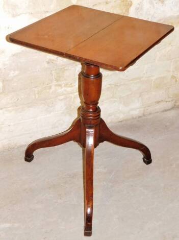 A 19thC oak tilt top occasional table, the square two piece top raised on a baluster stem terminating in three down swept, 70cm high, 48cm wide, 46cm deep.