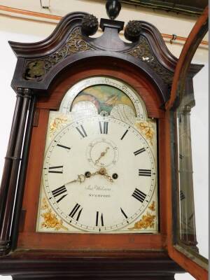 Joseph Wilson of Stamford. An early 19thC flame mahogany longcase clock, the enamel break arch dial with moon phase, painted spandrels of cornucopia, the dial bearing Roman numerals, subsidiary seconds dial, eight day two train movement with bell strike, - 8