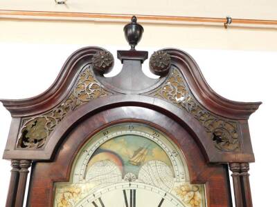 Joseph Wilson of Stamford. An early 19thC flame mahogany longcase clock, the enamel break arch dial with moon phase, painted spandrels of cornucopia, the dial bearing Roman numerals, subsidiary seconds dial, eight day two train movement with bell strike, - 9