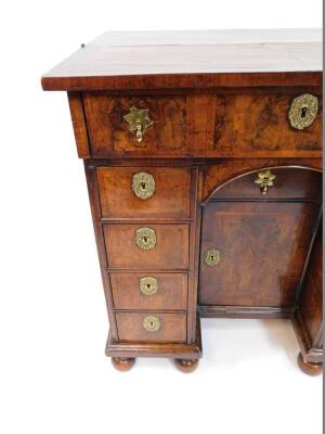 An early 18thC and later adapted walnut kneehole bachelor's secretaire chest, with folding top and raised on bun feet, 87cm high, 87cm wide, 58cm deep. - 9