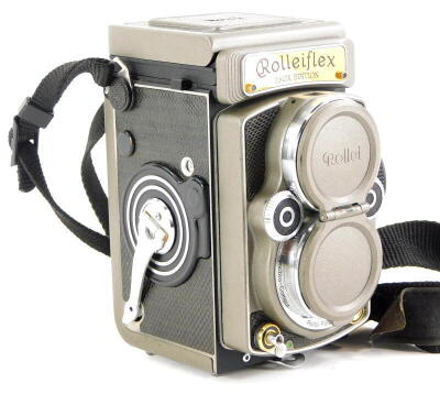 A rare Rolleiflex 2.8GX edition "60 Years of Rolleiflex 1929-1989" camera, the camera with a gold plated name plate and Napa alligator print leather finish, in presentation box. Only 1500 of this model were produced.