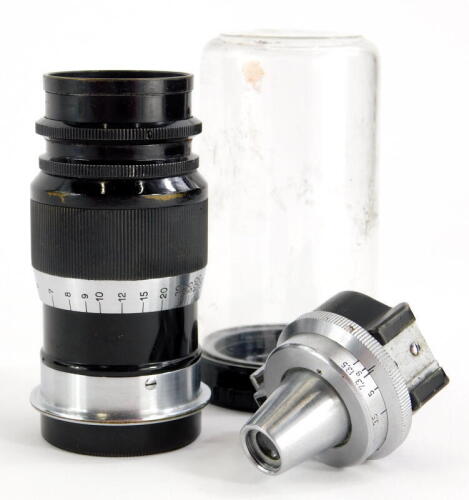 A Leitz 9cm f4 Elmar Telephoto lens, with screw fit, serial number 177533, with accessory viewfinder.