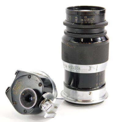 A Leitz 9cm f4 Elmar Telephoto lens, with screw fit, serial number 260001, with accessory viewfinder.