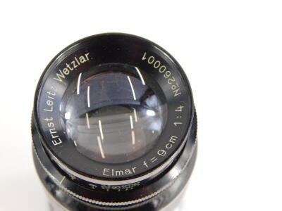 A Leitz 9cm f4 Elmar Telephoto lens, with screw fit, serial number 260001, with accessory viewfinder. - 2