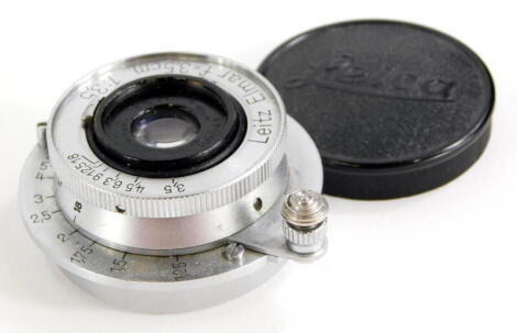 A Leitz 3.5cm f3.5 Elmar wide angle lens, with screw fit.