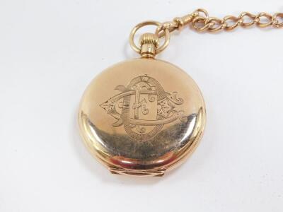 A George V 9ct gold gentleman's hunter cased pocket watch, keyless wind, dial bearing Arabic numerals, subsidiary seconds dial, A.W.W.Co., movement, Waltham., USA., the case of plain form front cover monogram engraved, 90.3g., together with a 9ct curb lin - 7