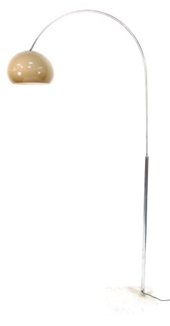 A 1970's arc style floor lamp, probably by the Guzzini Brothers, Recanati, Italy, the steel arch terminating in an adjustable brown mushroom perspex shade, raised on a rectangular carrara marble base, 225cm high.