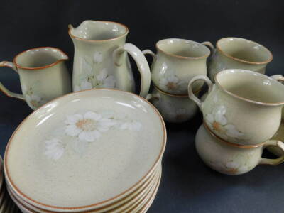 A Denby pottery part tea service decorated in the Daybreak pattern, comprising milk and cream jugs, sucrier, eight cups, saucers and tea plates. - 2