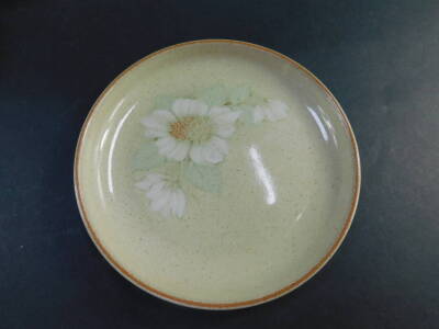 A Denby pottery part tea service decorated in the Daybreak pattern, comprising milk and cream jugs, sucrier, eight cups, saucers and tea plates. - 4