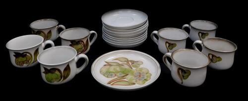 A Denby pottery part tea service decorated in the Troubadour pattern, comprising four tea cups, eight saucers and a tea plate.