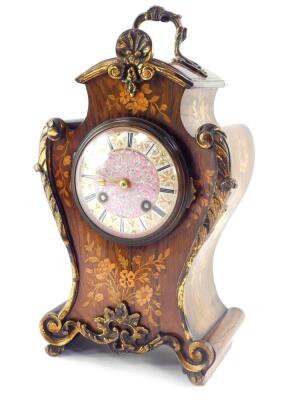 A French late 19thC rosewood and inlaid mantel clock, by Jean-Baptiste Delettrez., for Watson of Kings Street, Cheapside, London., the jeweled porcelain dial bearing Roman numerals, eight day movement with bell strike, the case of vase form inlaid with fl