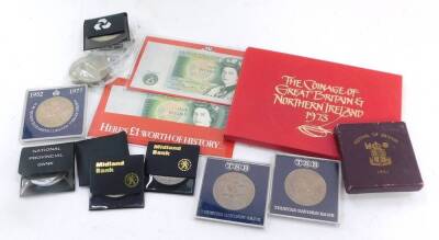 A Royal Mint proof set The Coinage of Great Britain and Northern Ireland 1973., commemorative crowns, Festival of Britain crown 1951., two mint uncirculated bank notes, Chief Cashier D F Somerset. (a quantity)