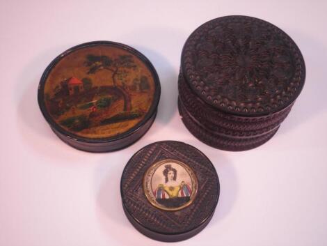 A 19thC carved and ebonised circular snuff box and cover