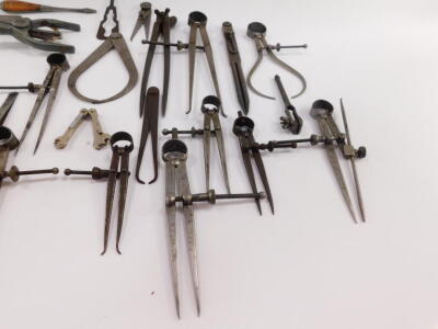 Steel callipers, dividers and other instruments, including a radius gauge. (a quantity) - 3