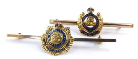 A 9ct gold and enamel George V Royal Engineers bar brooch, together with a 9ct gold George VI Royal Army Service Corp bar brooch, 5.5g. (2)