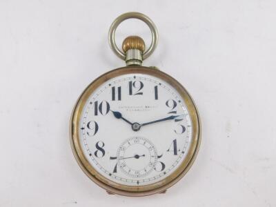 A Doxa early 20thC Goliath pocket watch, for Crichton Bruce, Edinburgh., open face, keyless wind, the circular enamel dial bearing Arabic numerals, subsidiary seconds dial, in a plated case, with a leather strut outer casing. - 2