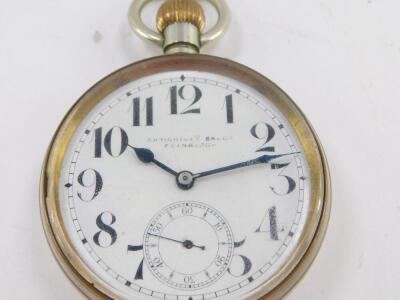 A Doxa early 20thC Goliath pocket watch, for Crichton Bruce, Edinburgh., open face, keyless wind, the circular enamel dial bearing Arabic numerals, subsidiary seconds dial, in a plated case, with a leather strut outer casing. - 3