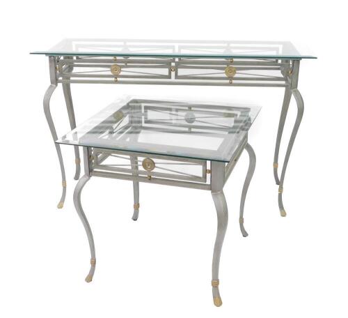 A glass topped silvered metal Roman style console table, 77cm high, 122cm wide, 42cm deep, and a matching coffee table, 59.5cm high, 61cm wide, 61cm deep. (2)