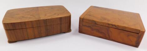 An Art Deco walnut cigarette box of rectangular section, 16.5cm wide, 12.5cm deep, and a further walnut box, with a quarter veneered lid and burr maple interior, raised on shallow block feet, 17cm diameter, 10cm deep. (2)