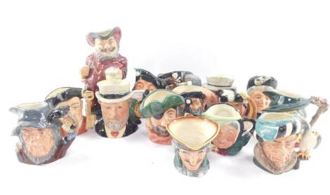 Royal Doulton large and medium character jugs, comprising Sir John Falstaff., Rip Van Winkle., Long John Silver., Falstaff., Sir Henry Doulton., Gaoler., Dick Turpin., Sairey Gamp., Pied Piper., The Trapper., Smuggler., and The Falconer., together with a 