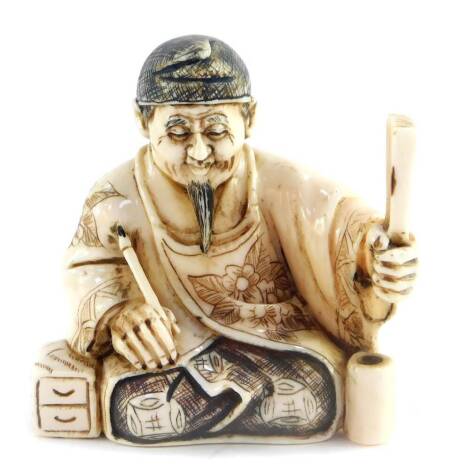 A Japanese late Taisho / early Showa period ivory netsuke of a scholar seated, holding a fan, signed, 45mm wide.