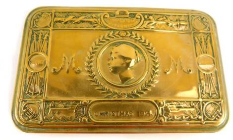 A World War I Princess Mary brass Christmas tin 1914, containing coins.