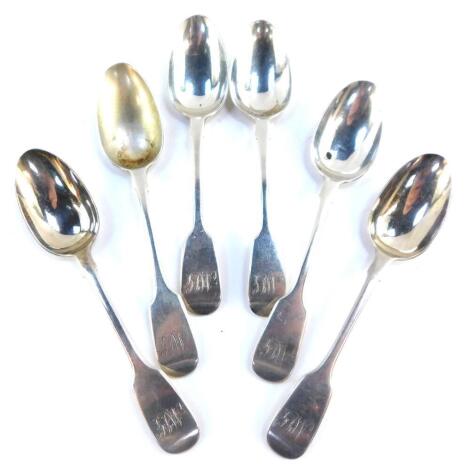 A set of five Victorian silver teaspoons, monogram engraved, Robert Williams & Sons, Exeter 1845, and a further teaspoon, monogram engraved London 1841, 4.23oz.